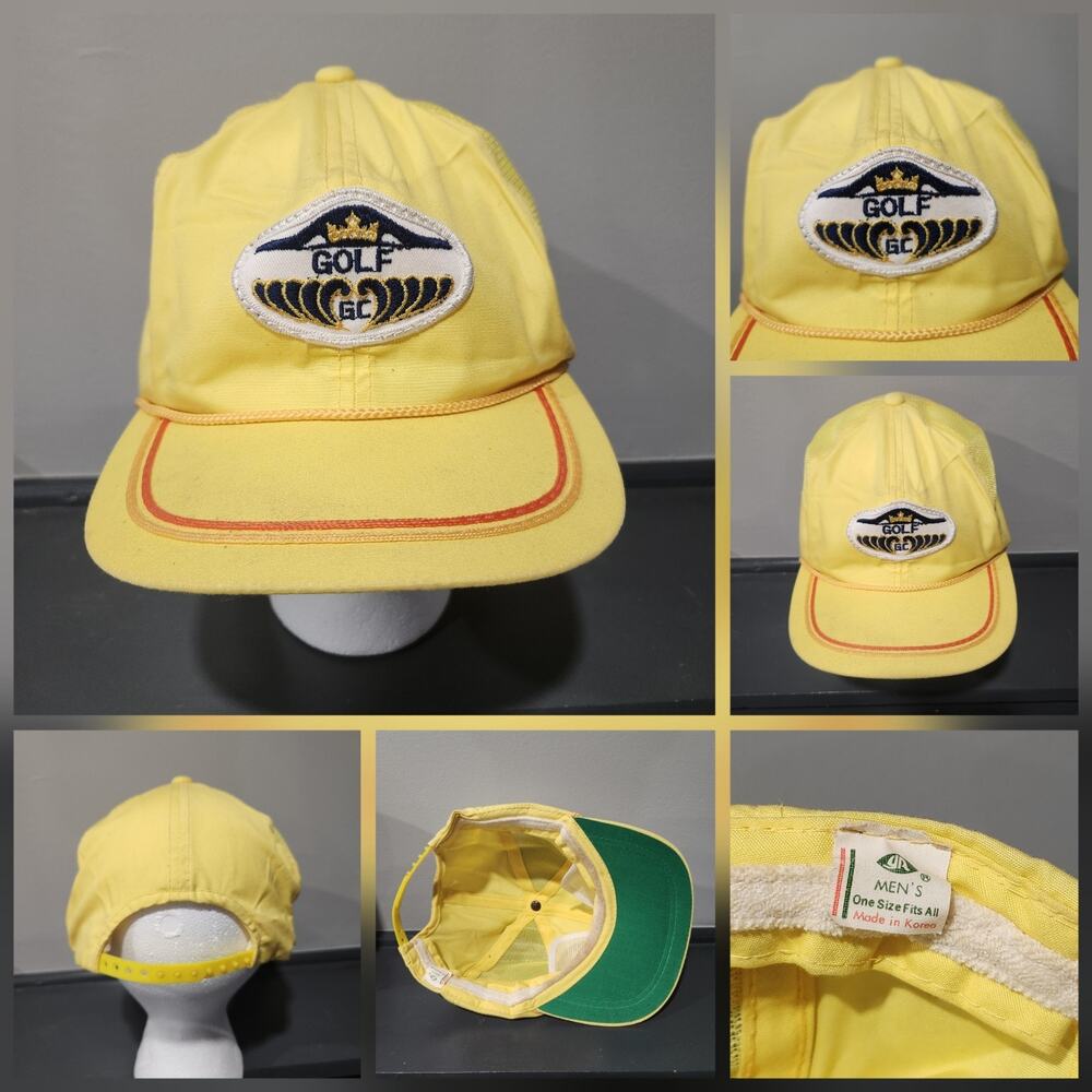 VTG 80s Golf GC‎ Yellow Stripe Rope Trucker Youngan Snapback Hat Cap OSFA